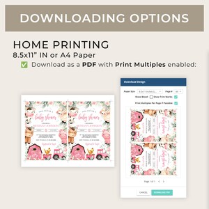 Op de afbeelding: Afdrukbare PDF-sjabloon voor een babyshower-uitnodiging. Het ontwerp heeft een roze en witte kleurstelling met boerderijdieren en een tractor. De tekst luidt "Doe mee met een babyshower ter ere van Bethany Johnson".