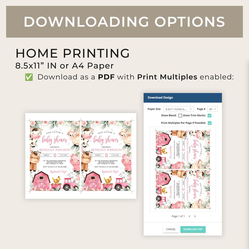 Op de afbeelding: Afdrukbare PDF-sjabloon voor een babyshower-uitnodiging. Het ontwerp heeft een roze en witte kleurstelling met boerderijdieren en een tractor. De tekst luidt "Doe mee met een babyshower ter ere van Bethany Johnson".