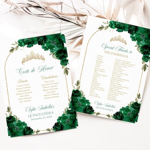 Lista de Quinceañera Mis Padrinos com arco verde esmeralda e dourado, festa de 15 anos de Tiara Rose EDITÁVEL, Mis Quince Anos, download instantâneo, Q024