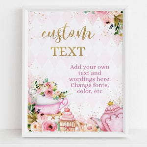 EDITABLE Tea Party Birthday Custom Text Sign, Pink & Gold Par-tea Sign Template, Whimsical Banner, High Tea Floral, Instant Download KP056