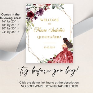 May include: A printable Quincea&ntilde;era invitation with a gold geometric frame and floral design. The invitation features a red dress with a sparkling effect and the text "Welcome to Maria Isabella's Quincea&ntilde;era 12.05.2022".