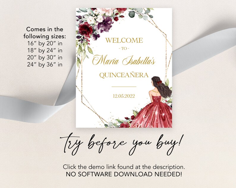 May include: A printable Quincea&ntilde;era invitation with a gold geometric frame and floral design. The invitation features a red dress with a sparkling effect and the text "Welcome to Maria Isabella's Quincea&ntilde;era 12.05.2022".