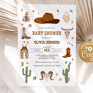 Wild West Baby Shower Invitation, EDITABLE Cowboy Rodeo Party Invite Template, Western Ranch Country, Gender Neutral, Instant Download BS136 image 1