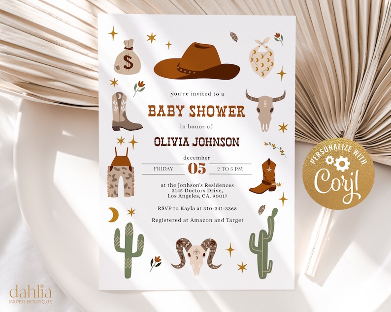 Wild West Baby Shower Invitation, EDITABLE Cowboy Rodeo Party Invite Template, Western Ranch Country, Gender Neutral, Instant Download BS136 image 1