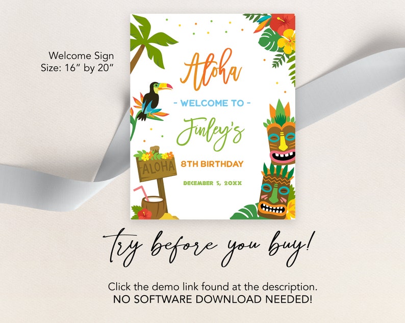 May include: A welcome sign for an 8th birthday party with a tropical theme. The sign is white with green, yellow, and blue accents. It says "Aloha - Welcome to Finley's 8th Birthday December 5, 20XX".