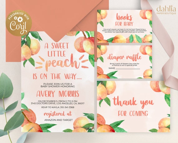 Sweet Little Peach Baby Shower Invitation Set, Peach Girl Baby Shower, Sweet Peach Baby Invite Set, Sweet Peach Invite Template, Corjl BS008 Il_570xn