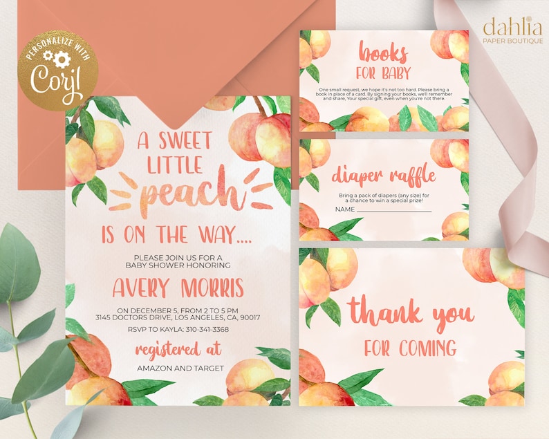 May include: A peach-themed baby shower invitation with watercolor peach illustrations. The invitation reads "A Sweet Little Peach is on the Way..." and includes the baby's name, Avery Morris, the date and time of the shower, and the address. It also includes information about the registry at Amazon and Target.