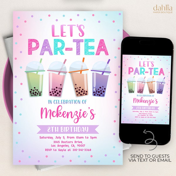 Boba Tea Birthday Invitation, Editable Boba Par-tea Birthday Invitation, Bubble Tea, Milk Tea, Kids Digital Invite, Instant Download, KP230