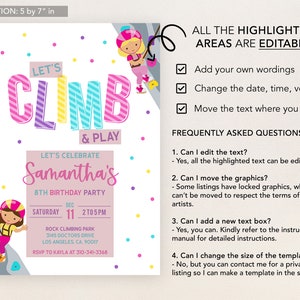 Rock Climbing Birthday Invitation, Editable Indoor Climbing Party Invite, Let's Climb and Play, Girl Adventure Party, Instant Download KP160 image 2