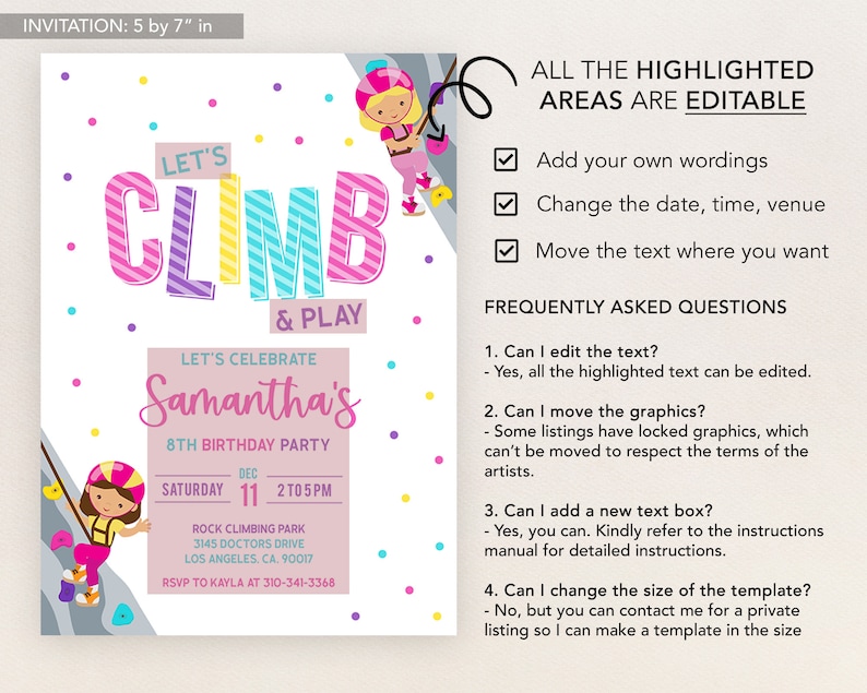 Rock Climbing Birthday Invitation, Editable Indoor Climbing Party Invite, Let's Climb and Play, Girl Adventure Party, Instant Download KP160 image 2