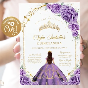Convite Quinceañera Royal Purple e Gold Arch, EDITÁVEL Tiara Rose 15º aniversário, Mis Quince Anos, Sweet 16 Party, Download instantâneo Q067