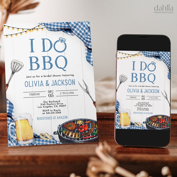 I Do BBQ Invitation, Editable Engagement Party Invite, Blue Backyard Couples Shower, DIY Printable BBQ Bridal Shower, Instant Download BR005