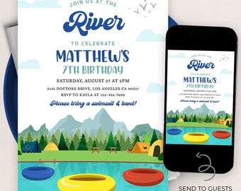 May include: A blue and white birthday invitation with a cartoon river scene. The invitation is for Matthew's 7th birthday party. The text reads "Join us at the River to celebrate Matthew's 7th Birthday. Saturday, August 27 at 2 PM. 3145 Doctors Drive, Los Angeles CA 90017. RSVP to Kayla at 123-456-7890. Please bring a swimsuit & towel!"