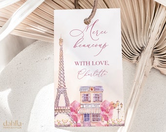 Paris First Birthday Thank You For Coming Gift Tag, Editable French Party Favor Tag, Eiffel Tower, Parisian Cafe, Instant Download KP050