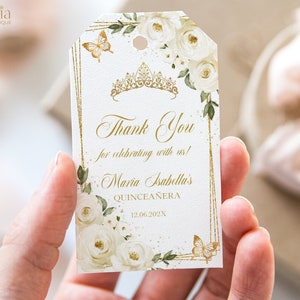 Elfenbein Weiß und Gold Quinceañora Danke Geschenkanhänger, bearbeitbare Tiara Rose 15. Geburtstag Etikett, DIY Mis Quince Anos Mitbringsel, Corjl Q011
