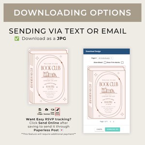 May include: A digital design for a book club invitation. The design features a book illustration with text that reads "Welcome to Our Book Club." The invitation includes options for downloading the design as a JPG and sending via text or email.
