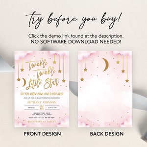 May include: Pink and gold baby shower invitation with a watercolor background and gold stars and a crescent moon. The text reads "Twinkle Twinkle Little Star" and "Do you know how loved you are?"  The invitation includes the name Bethany Johnson, the date and time of the shower, the address, and the RSVP information. The invitation also states that the guest of honor is registered at Target.