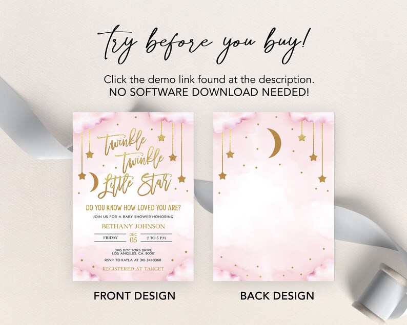 May include: Pink and gold baby shower invitation with a watercolor background and gold stars and a crescent moon. The text reads "Twinkle Twinkle Little Star" and "Do you know how loved you are?"  The invitation includes the name Bethany Johnson, the date and time of the shower, the address, and the RSVP information. The invitation also states that the guest of honor is registered at Target.