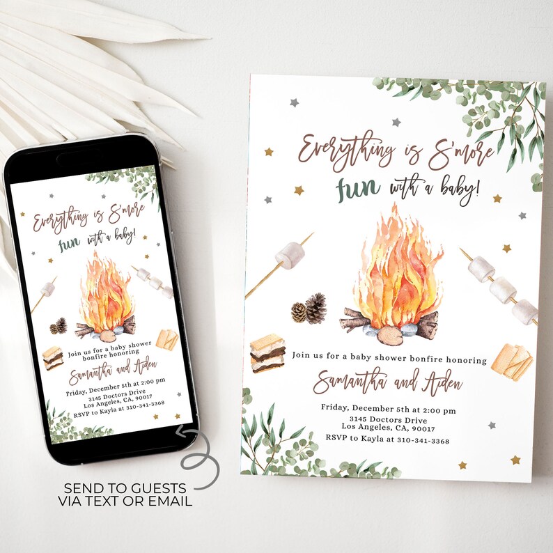 May include: A baby shower invitation with a campfire theme. The invitation features a watercolor illustration of a campfire with marshmallows on sticks and s'mores. The text reads "Everything is S'more fun with a baby!" and includes the names Samantha and Aiden, the date and time of the event, the address, and RSVP information.