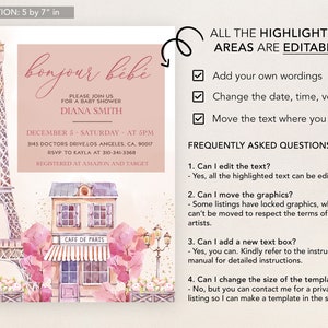 Puede incluir: Una invitaci&oacute;n de baby shower rosa y blanca con una ilustraci&oacute;n de acuarela de la Torre Eiffel y un caf&eacute; parisino. El texto dice "bonjour b&eacute;b&eacute;" e incluye detalles del evento, como la fecha, la hora, el lugar y la informaci&oacute;n de RSVP. La invitaci&oacute;n mide 5 pulgadas por 7 pulgadas.
