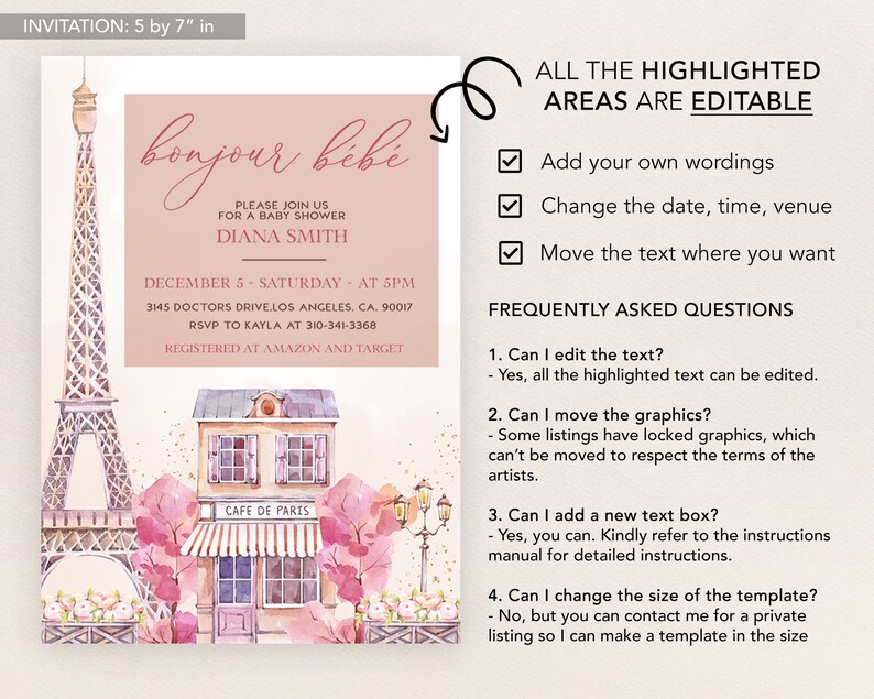 Puede incluir: Una invitaci&oacute;n de baby shower rosa y blanca con una ilustraci&oacute;n de acuarela de la Torre Eiffel y un caf&eacute; parisino. El texto dice "bonjour b&eacute;b&eacute;" e incluye detalles del evento, como la fecha, la hora, el lugar y la informaci&oacute;n de RSVP. La invitaci&oacute;n mide 5 pulgadas por 7 pulgadas.