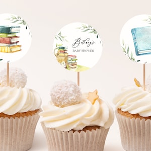 EDITABLE SET OF 6 Storybook Cupcake Toppers, New Chapter Baby Shower, Book Themed Party Decor, Storybook, Books, Instant Download, BS158