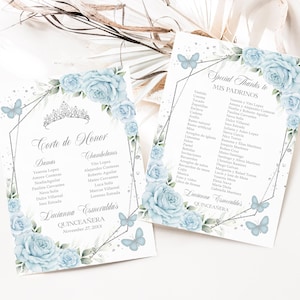May include: A light blue and silver Quinceañera invitation with a floral design and butterflies. The text reads "Corte de Honor" and lists the names of the court of honor. The invitation also includes the date of the event, "November 27, 20XX".