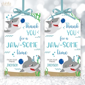 Modelo editável de etiqueta de agradecimento para lembrança de festa de tubarão, festa de aniversário de tubarão, etiqueta de lembranças de aniversário de tubarões, decoração de aniversário de tubarões, download digital, KP216