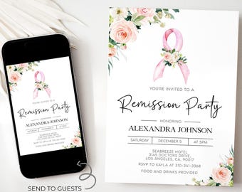 Cancer Remission Invite Template, Editable Breast Cancer Remission Party Invitation, Pink Cancer Ribbon, Instant Download Printable, CA001