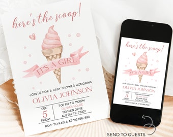 Here's The Scoop Baby Shower Invitation, EDITABLE Ice Cream Party Invite, Summer Baby Brunch Invite, It's A Girl Baby Shower Download, BS512