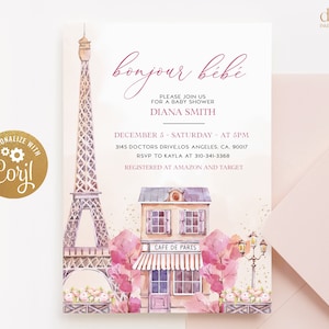 EDITIERBARE Paris Baby Shower Einladung Vorlage, Bonjour Bébé Baby Shower Einladung, Eiffelturm, Pariser Cafe, Instant Download, BS120