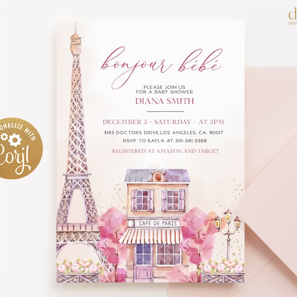 EDITABLE Paris Baby Shower Invitation Template, Bonjour Bébé Baby Shower Invitation, Eiffel Tower, Parisian Cafe, Instant Download, BS120