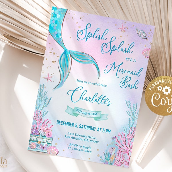 Mermaid Birthday Invitation, EDITABLE Mermaid Birthday Invitation Template, Under The Sea Magical Blue Gold Mermaid Instant Download KP033