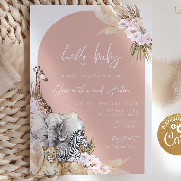 EDITABLE Boho Safari Baby Shower Invitation, Jungle Animal Baby Shower Invite Template, Blush Pink, Customizable File Instant Download BS118