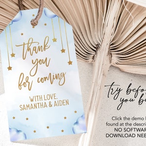 May include: Blue and gold thank you tag with a cloud and star design. The text reads "Thank you for coming with love, Samantha & Aiden".