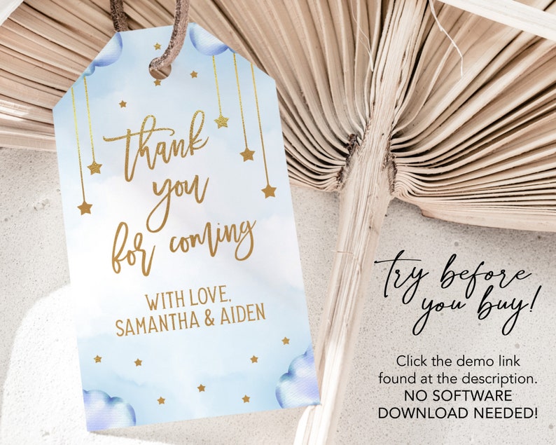 May include: Blue and gold thank you tag with a cloud and star design. The text reads "Thank you for coming with love, Samantha & Aiden".