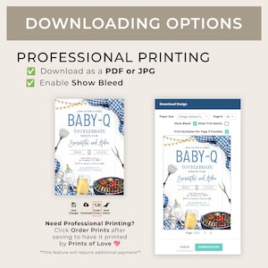 May include: A digital mockup of a printable baby shower invitation. The invitation features a blue and white gingham pattern with a grill, beer, and baby bottle. The text on the invitation reads "Join us for a coed Baby-Q to celebrate parents-to-be Samantha and Arden".