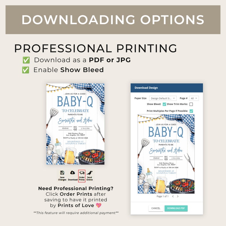 May include: A digital mockup of a printable baby shower invitation. The invitation features a blue and white gingham pattern with a grill, beer, and baby bottle. The text on the invitation reads "Join us for a coed Baby-Q to celebrate parents-to-be Samantha and Arden".