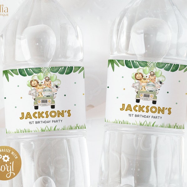 EDITABLE Wild One Birthday Water Bottle Sticker Label, Safari Animals Party Template, Jungle Theme First Birthday, Instant Download, KP084
