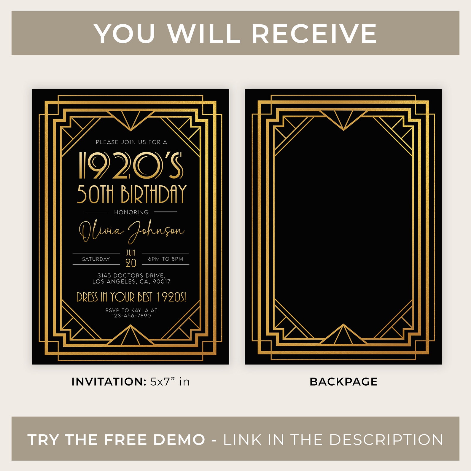 Editable 1920s Art Deco Birthday Invitation, 30th 40th 50th Birthday ...