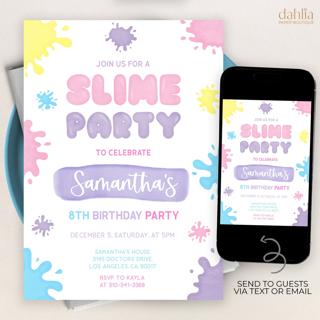 Slime Birthday Invitation, EDITABLE Pastel Slime Party Invite Template ...