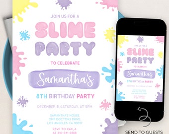 May include: A printable invitation for a slime party to celebrate Samantha's 8th birthday. The invitation features a colorful design with paint splatters and the text "Join us for a Slime Party to celebrate Samantha's 8th Birthday Party".
