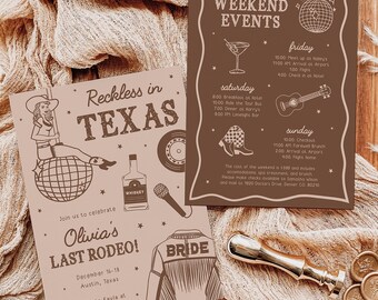 Reckless in Texas Bachelorette Invite & Itinerary Template, Last Rodeo Hen Weekend Invitation, Hand Drawn Cowgirl Bridal Shower, BC102
