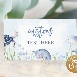 Szablon etykiet na żywność pod morzem, karta miejsca na imprezę z motywem zwierząt morskich, karta na urodziny lub baby shower w stylu marynistycznym w kolorze niebieskim, natychmiastowe pobranie KP095