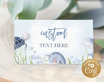 Under The Sea Food Labels Template, Ocean Animals Party Place Card, Nautical Birthday or Baby Shower Blue Tent Card, Instant Download KP095