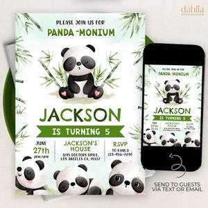 May include: A printable invitation for a 5th birthday party with a panda theme. The invitation features a cartoon panda with a green bamboo background and the text "Please join us for Panda-monium, Jackson is turning 5".