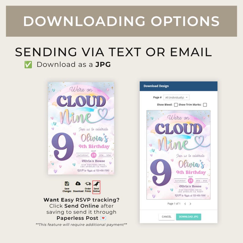 Cloud 9 Birthday Invitation, EDITABLE Pastel Rainbow Party Template ...
