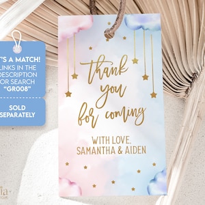 May include: Thank you for coming favor tag with a blue and pink watercolor cloud background and gold stars. The text reads "Thank you for coming" with "With love, Samantha & Aiden" below.