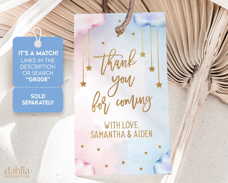 May include: Thank you for coming favor tag with a blue and pink watercolor cloud background and gold stars. The text reads "Thank you for coming" with "With love, Samantha & Aiden" below.