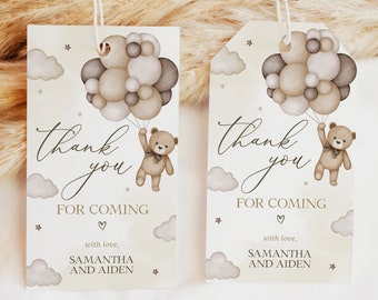 May include: Two thank you tags with a teddy bear holding balloons. The tags are beige with brown text that reads "thank you for coming with love, Samantha and Aiden".
